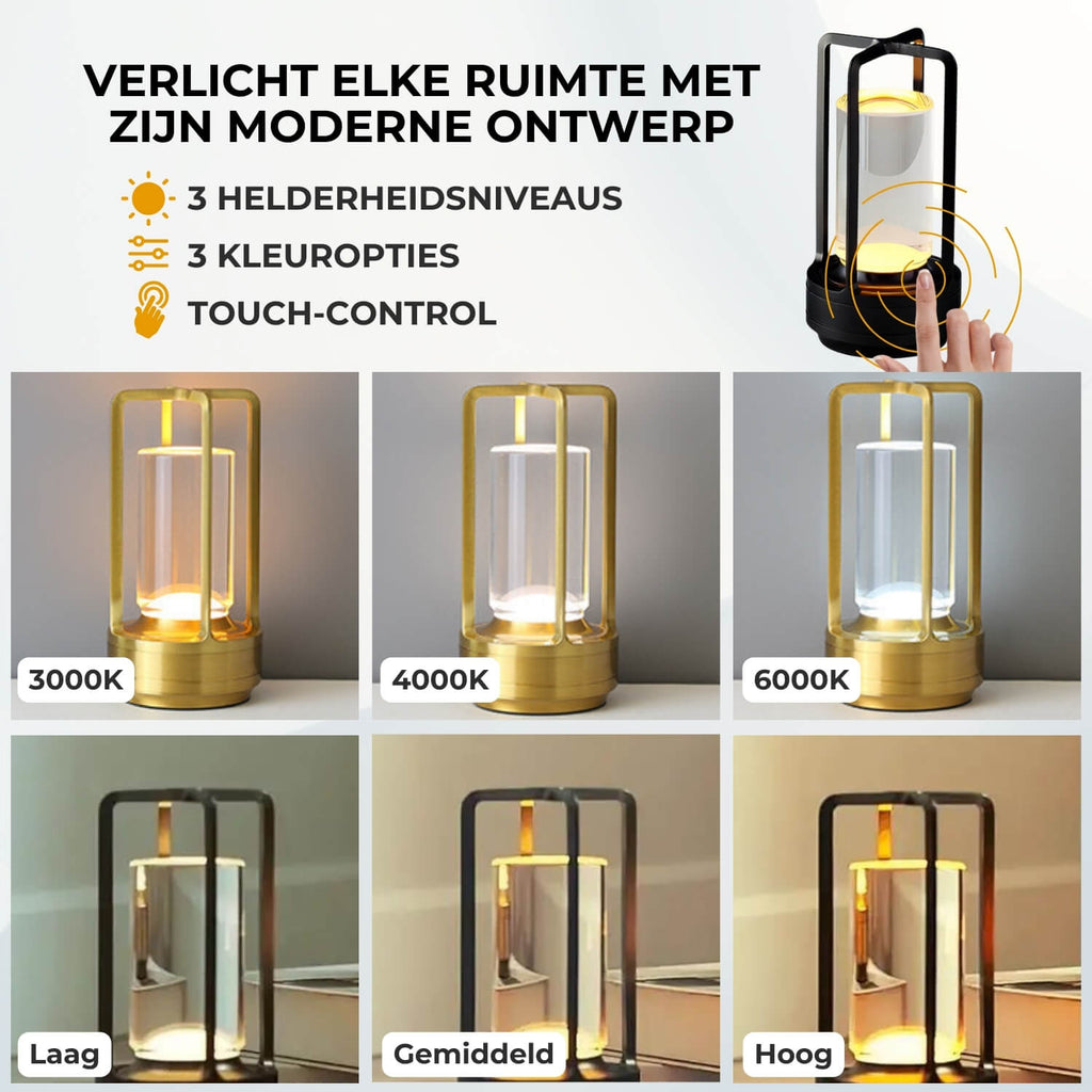 ELVA Draadloze Kristallen Lantaarn Lamp met Touch-Bediening en USB-Oplaadfunctie